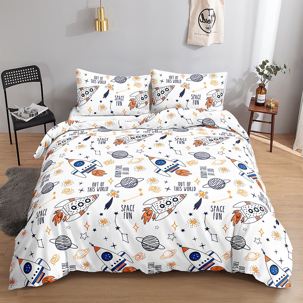 Navy and orange rocket and planet pattern with Space Fun text on a white kids quilt cover set