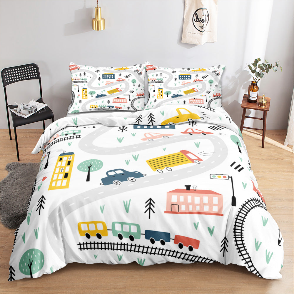 Town map with winding road, cars and a train on a white kids quilt cover set