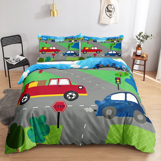Red and blue cars on a winding road with a stop sign on a kids quilt cover set