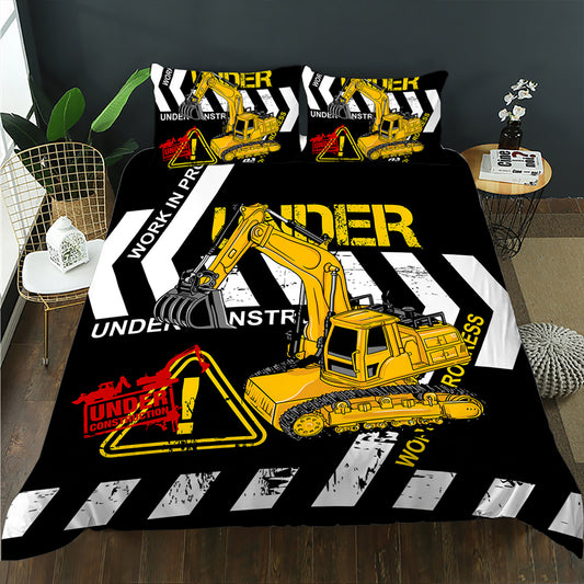 Yellow excavator with Under Construction signs on a black kids quilt cover set