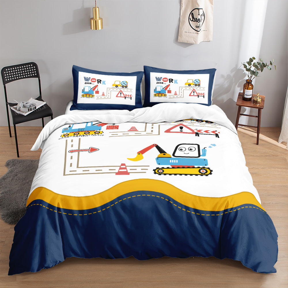 Smiling cartoon excavator with road cones above a navy wave on a kids quilt cover set