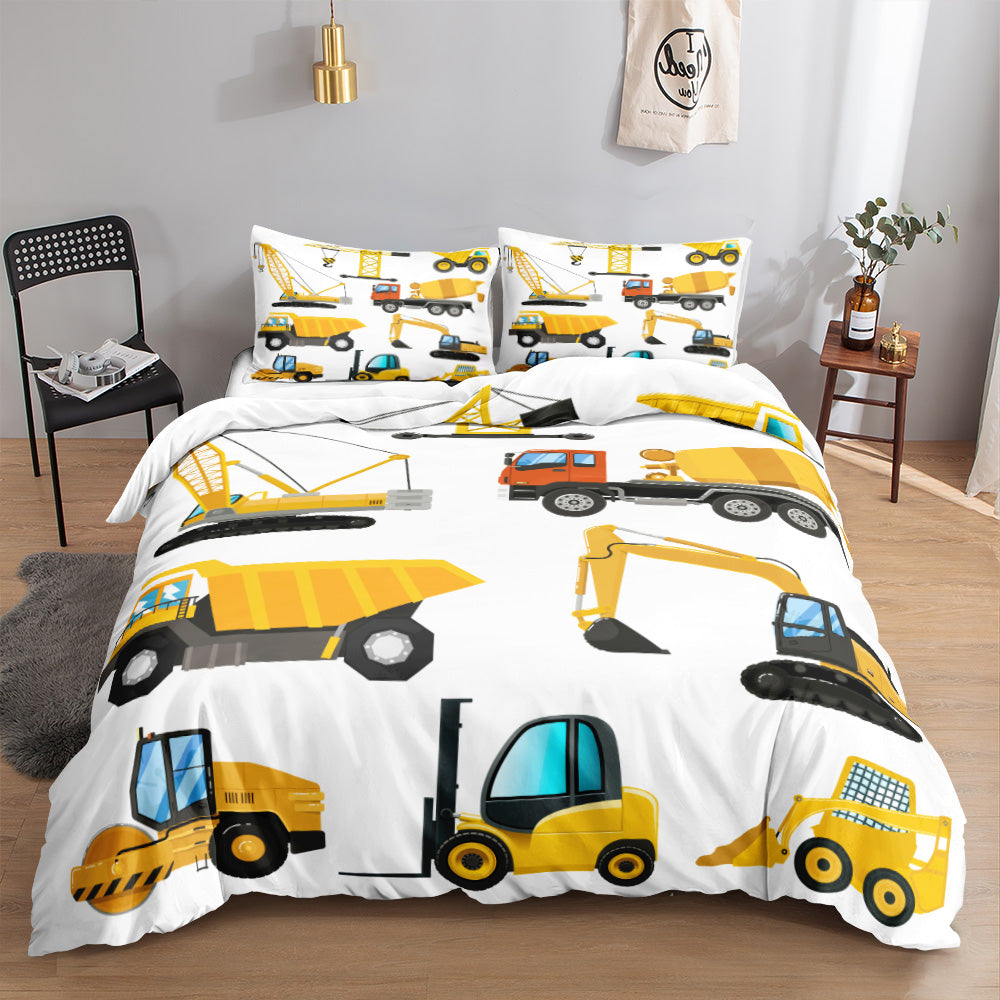 Yellow crane, dump truck, excavator and forklift on a white kids quilt cover set