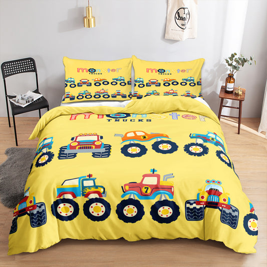 Colourful monster trucks on a bright yellow kids quilt cover set