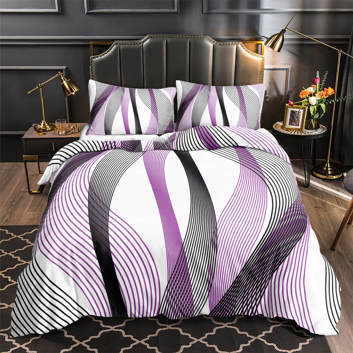 Lilac and Black Line Wave quilt cover set