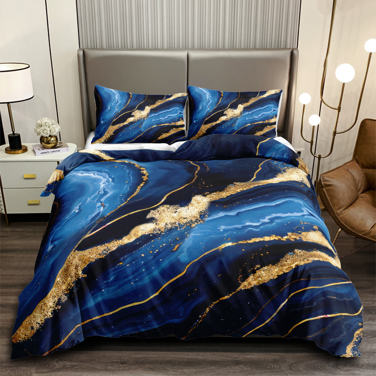 Navy and Gold Luxe Marble quilt cover set