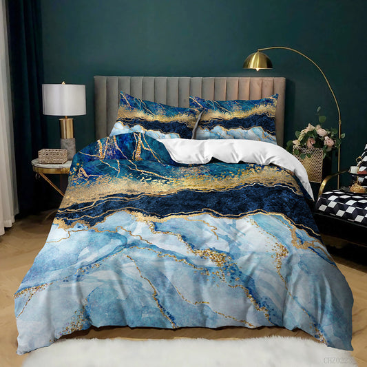 Navy and Ice Blue Gold Marble quilt cover set