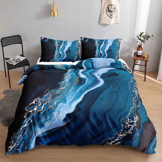 Navy and Teal Wave Marble quilt cover set