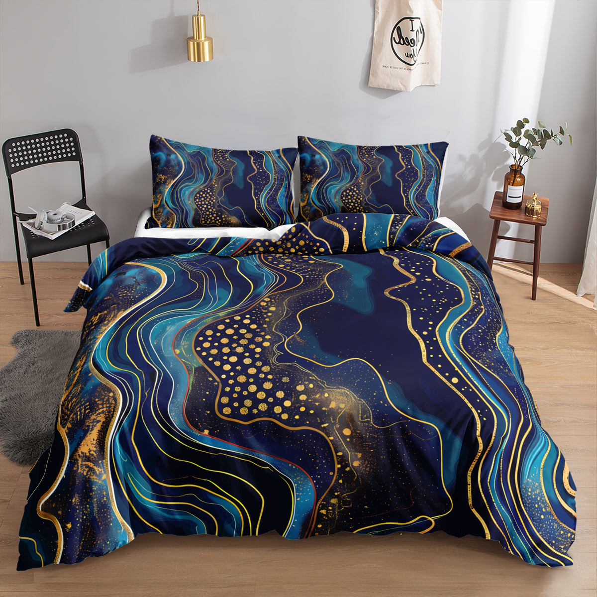 Navy Gold Dot Wave Marble quilt cover set