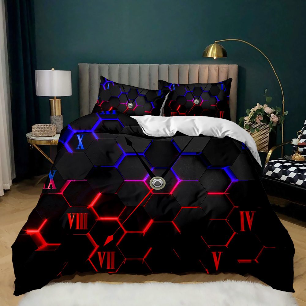 Neon Hexagon Clock quilt cover set in Blue