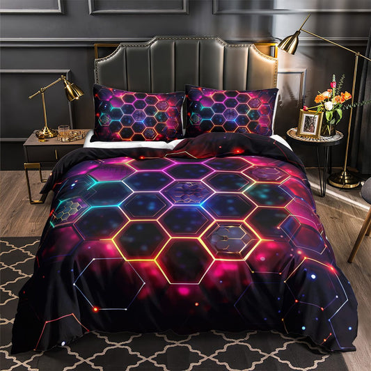 Neon Hexagon Galaxy quilt cover set