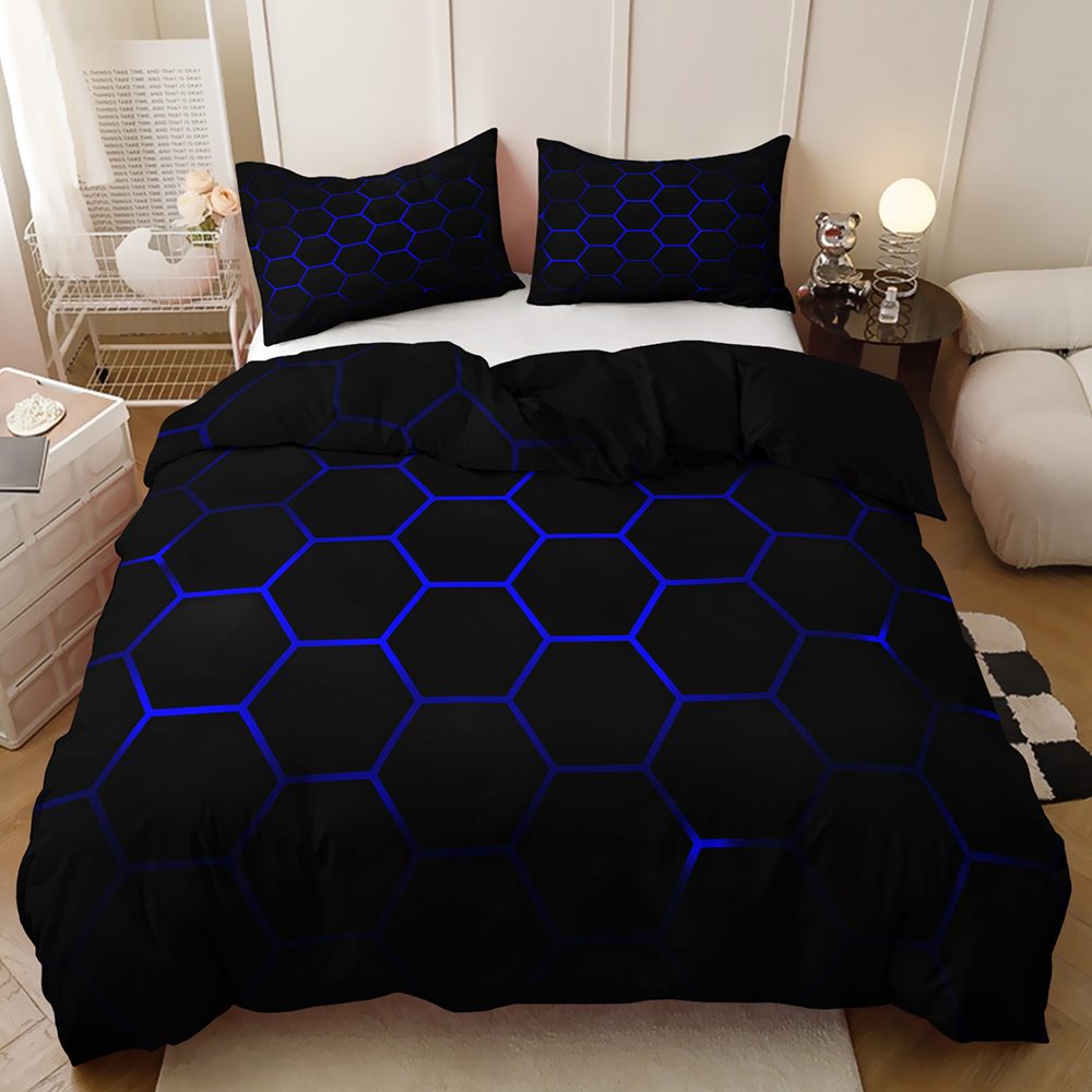 Neon Hexagon Outline quilt cover set in Blue