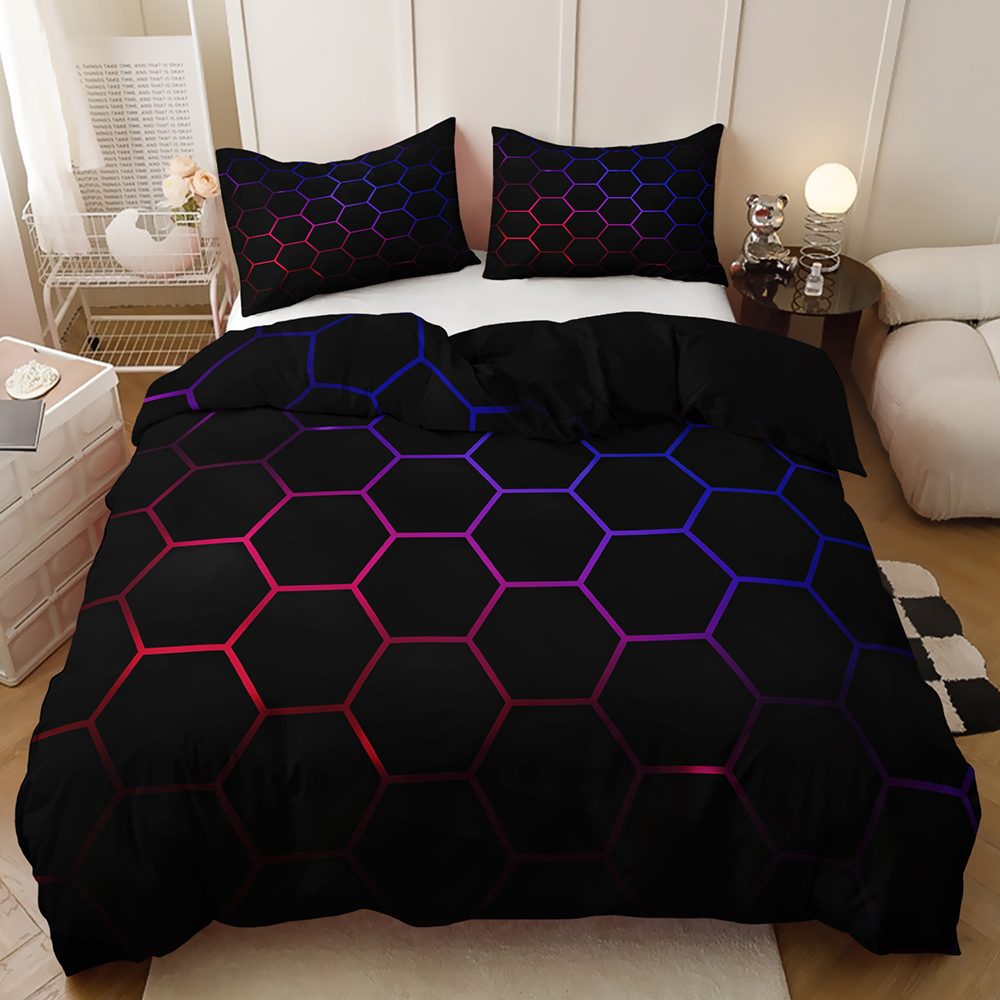 Neon Hexagon Outline quilt cover set in Red Blue