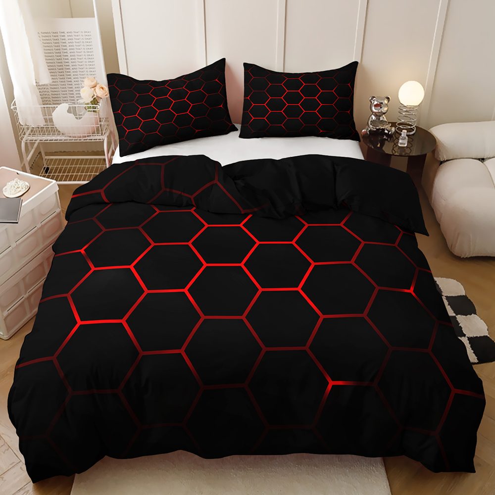 Neon Hexagon Outline quilt cover set in Red