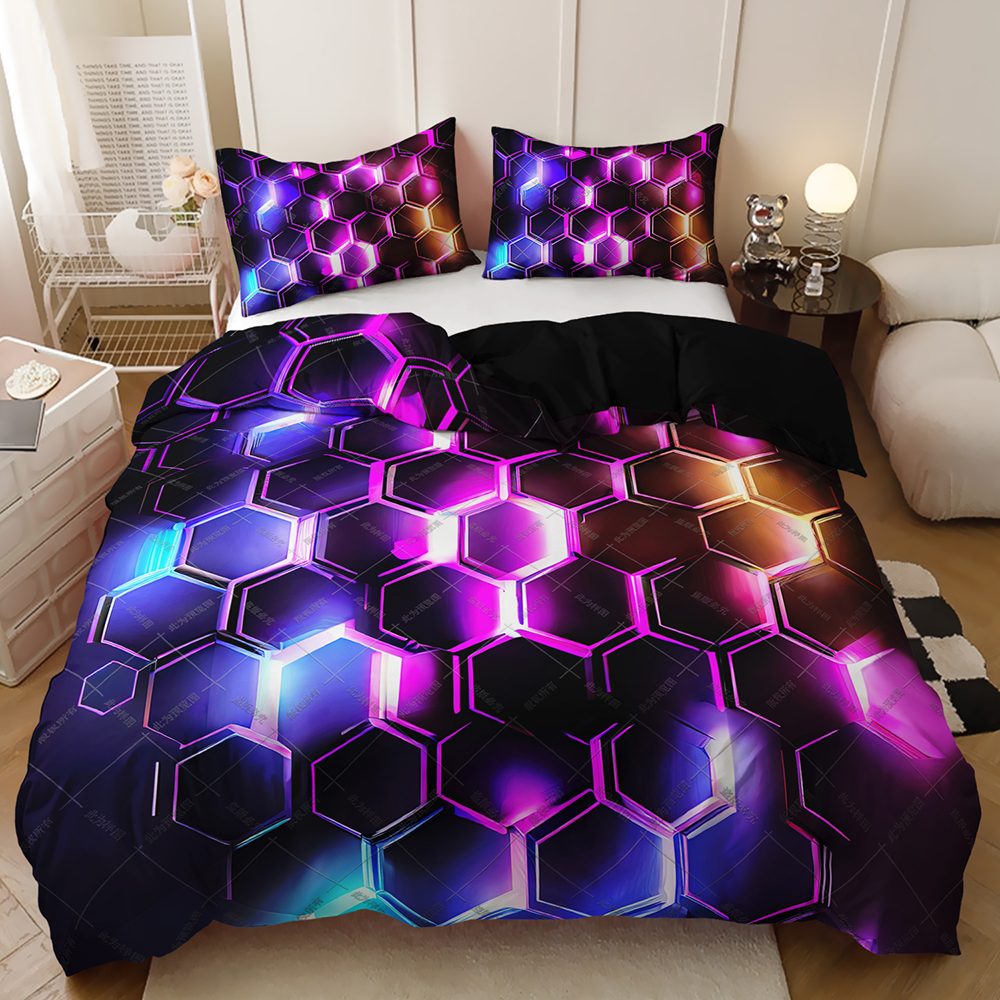 Neon Hexagon Tiles quilt cover set in Purple