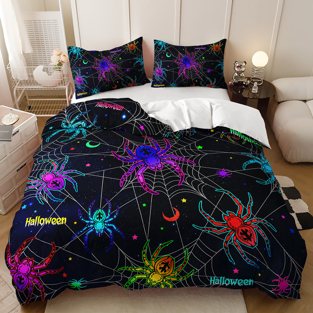 Colourful neon spiders on white spiderwebs with stars and moons on a black quilt cover set