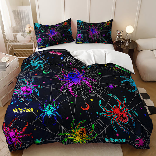 Colourful neon spiders on white spiderwebs with stars and moons on a black quilt cover set