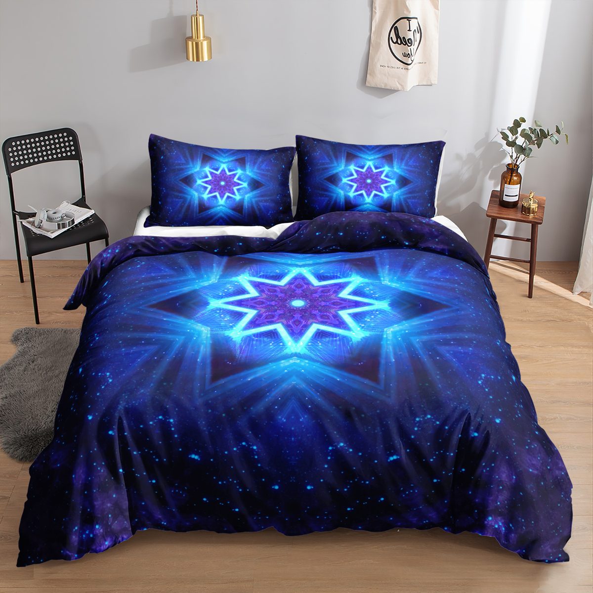 Neon Star Mandala quilt cover set in Blue