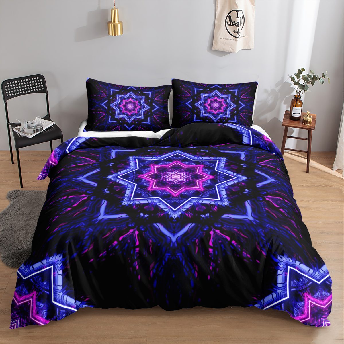 Neon Star Mandala quilt cover set in Purple