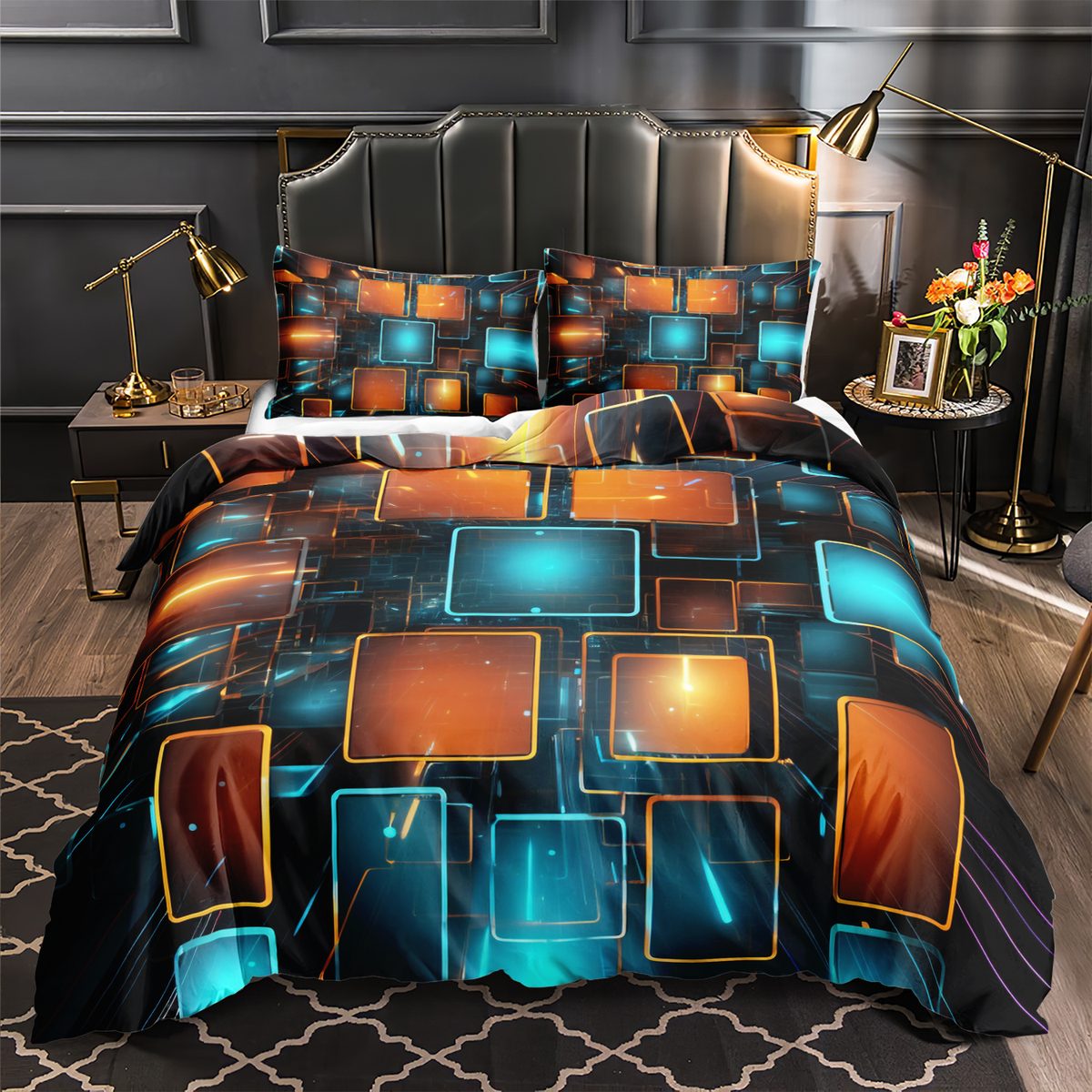 Orange and Teal Glow Squares quilt cover set