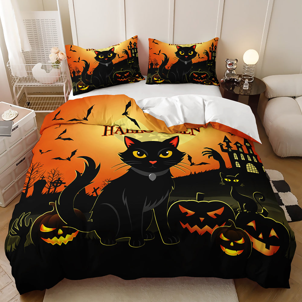 Black cat with jack-o'-lanterns and a haunted castle under an orange sky on a Halloween quilt cover set