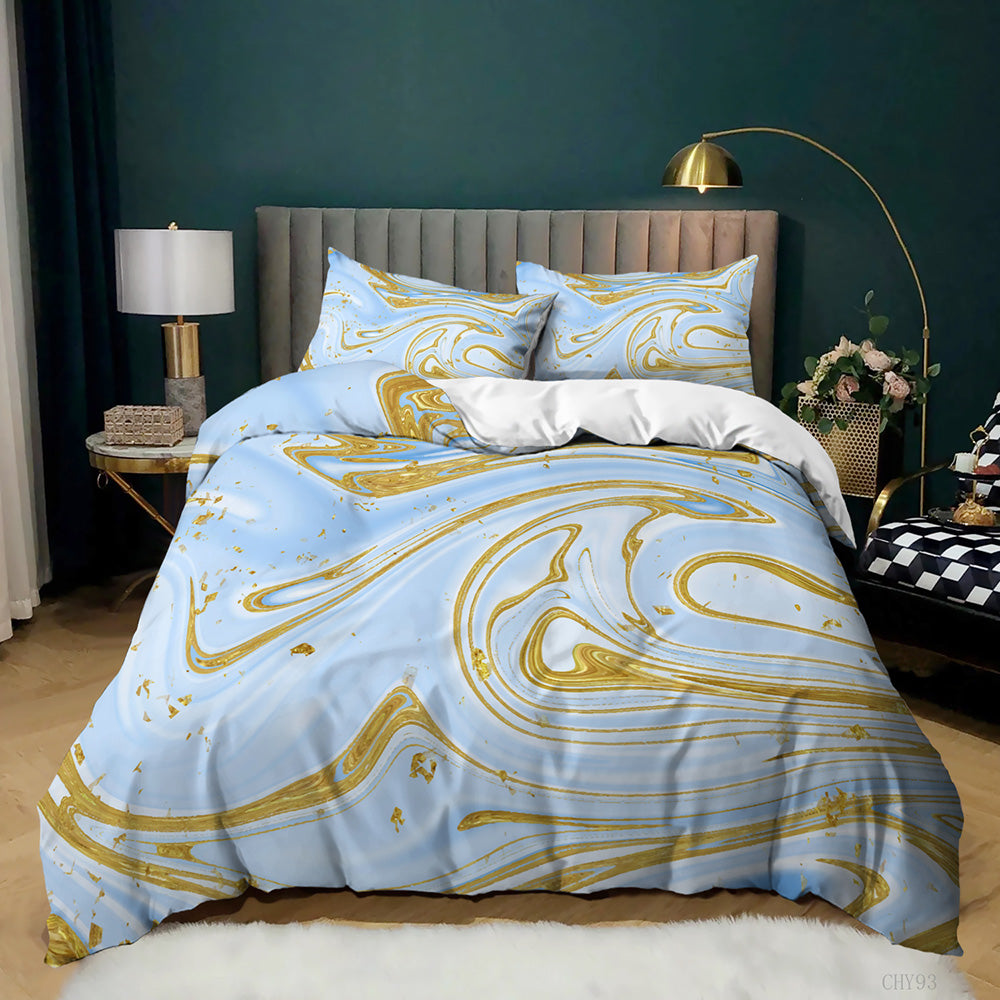 Pale Blue and Gold Swirl Marble quilt cover set