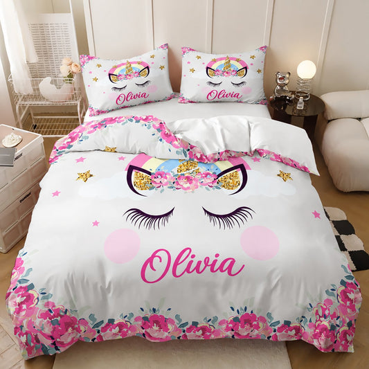 Personalised floral unicorn face quilt cover set with the name Olivia in pink script