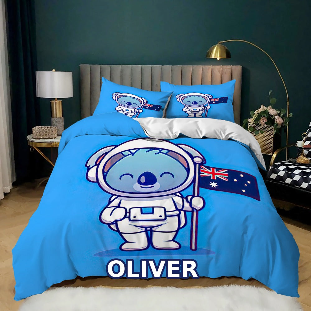 Personalised koala astronaut quilt cover set with the name OLIVER and Australian flag