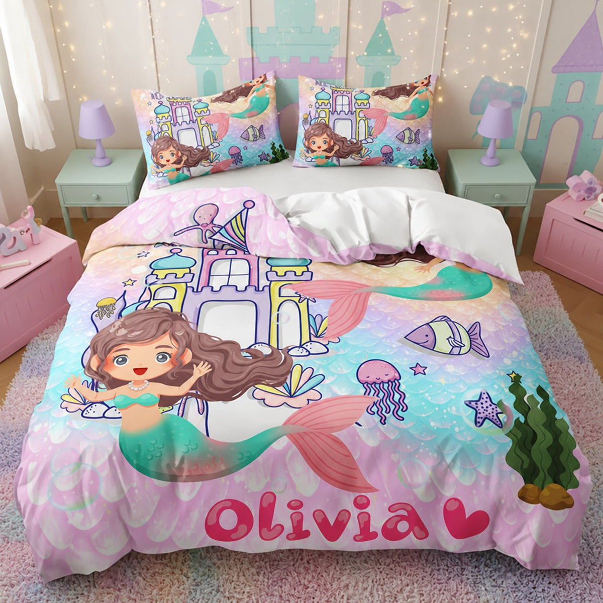 Personalised mermaid quilt cover set with the name Olivia in pink on pastel mermaid scales