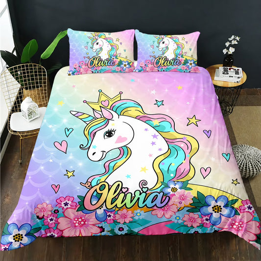 Personalised pastel princess unicorn quilt cover set with the name Olivia in rainbow script