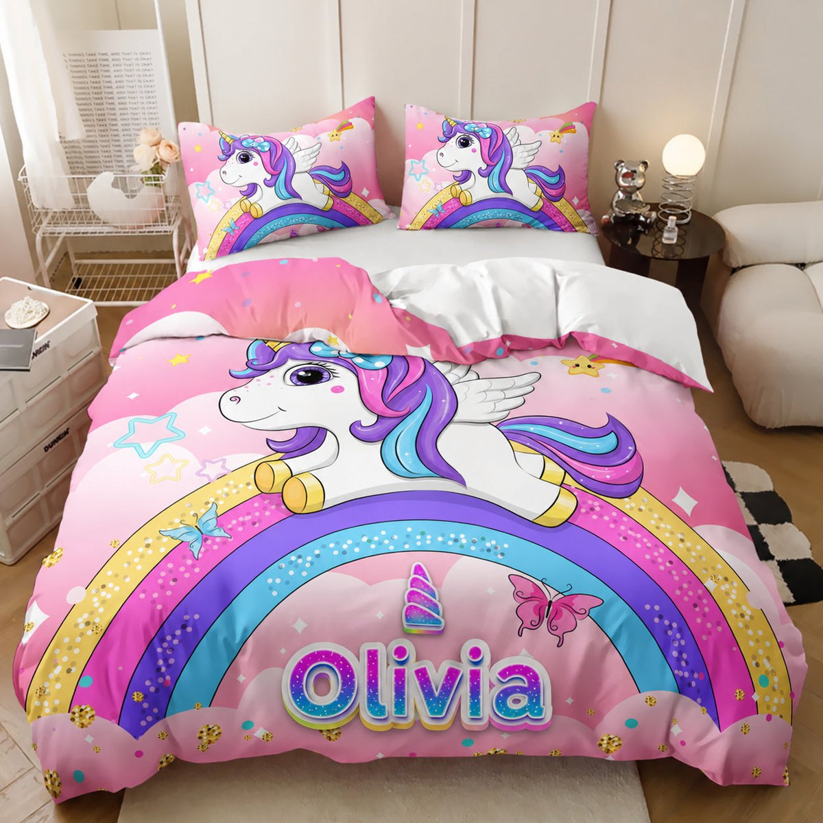 Personalised pink rainbow unicorn quilt cover set with the name Olivia in glitter letters