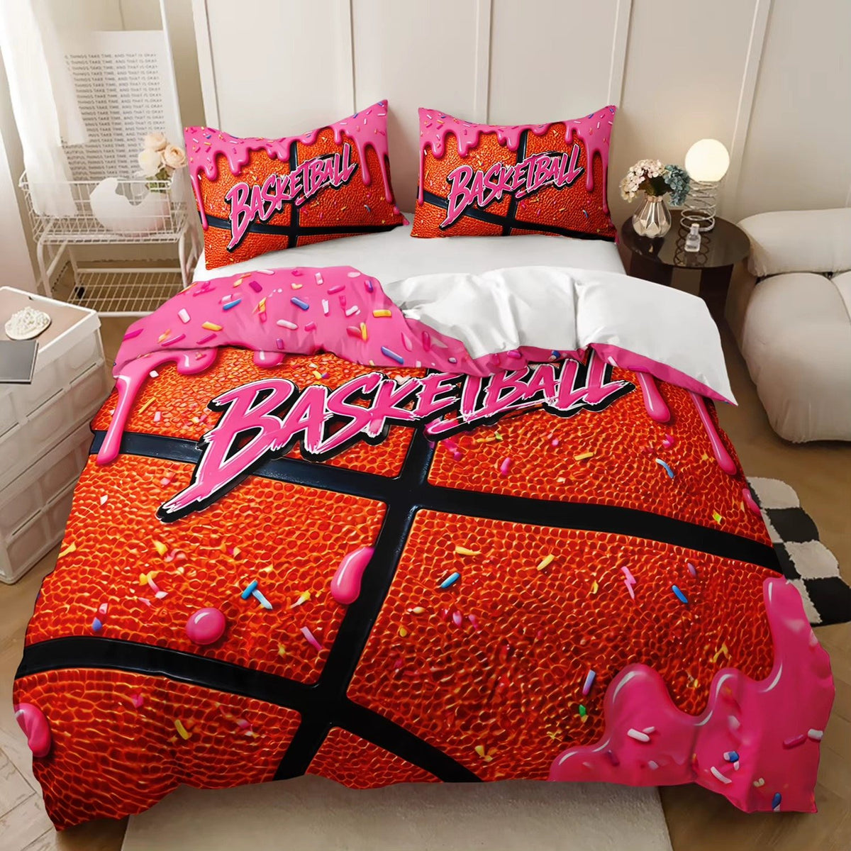 Pink Drip Basketball basketball quilt cover set