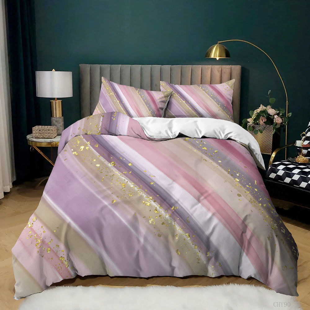 Pink Lilac Gold Stripe Marble quilt cover set