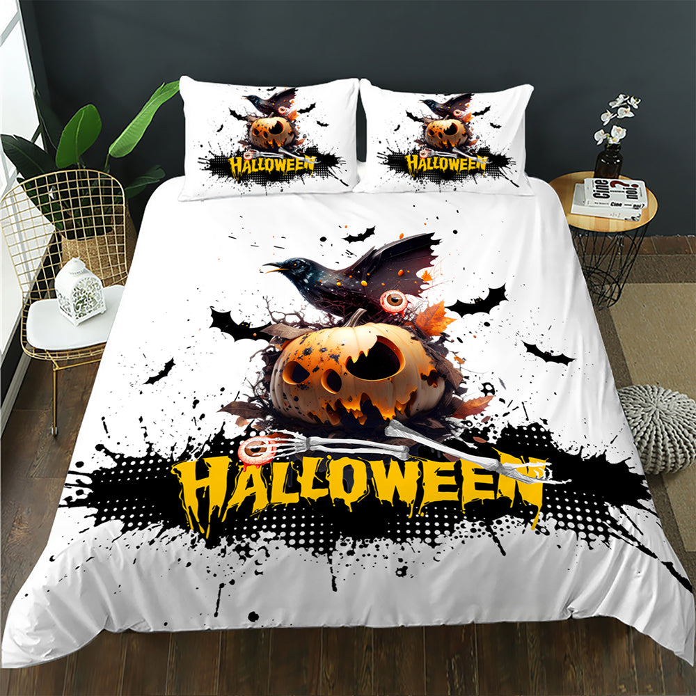 Raven on a jack-o'-lantern with bats and yellow Halloween text on a white quilt cover set