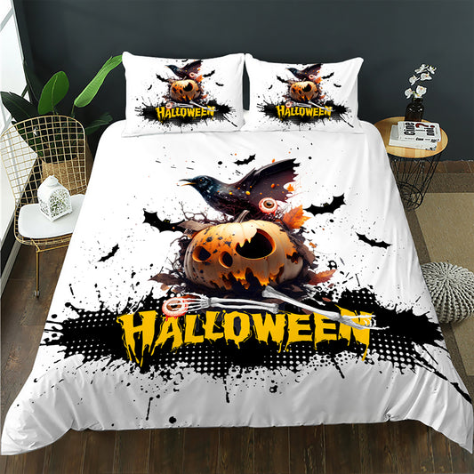 Raven on a jack-o'-lantern with bats and yellow Halloween text on a white quilt cover set