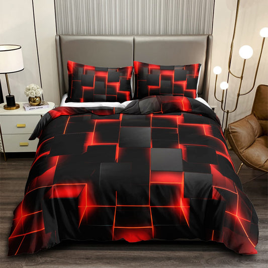 Red Neon 3D Squares quilt cover set