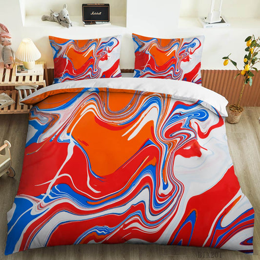 Red Orange and Blue Fluid Marble quilt cover set
