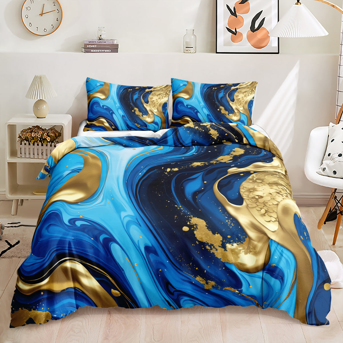 Royal Blue and Gold Liquid Marble quilt cover set