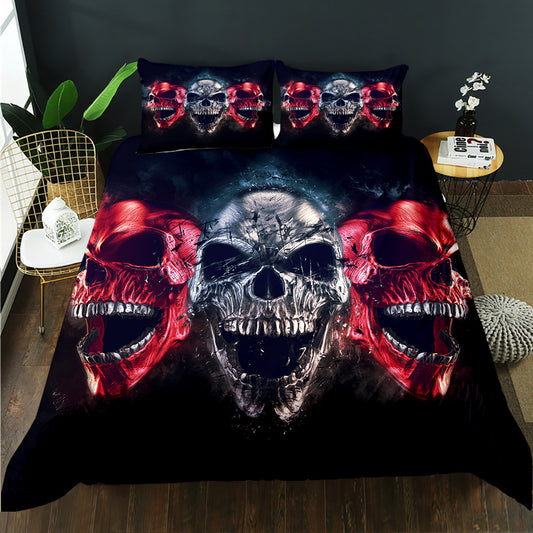 Three screaming skulls in silver and red on a black quilt cover set