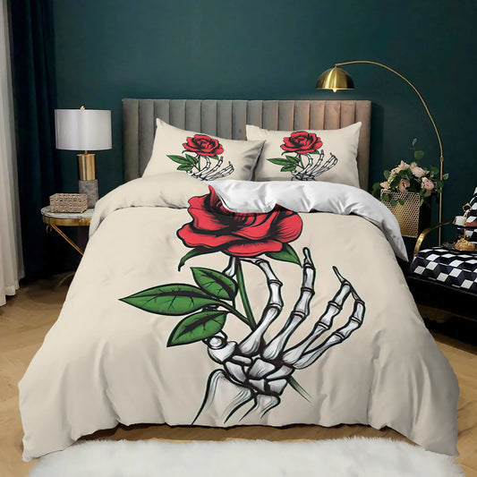 Skeleton hand holding a red rose on a beige quilt cover set