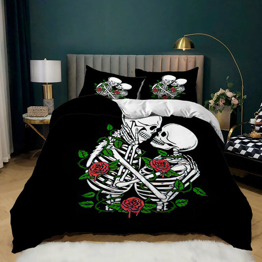 Two skeletons embracing wrapped in red roses on a black quilt cover set