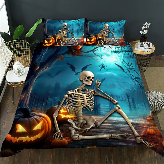 Skeleton sitting among glowing jack-o'-lanterns in a misty pumpkin patch on a teal quilt cover set