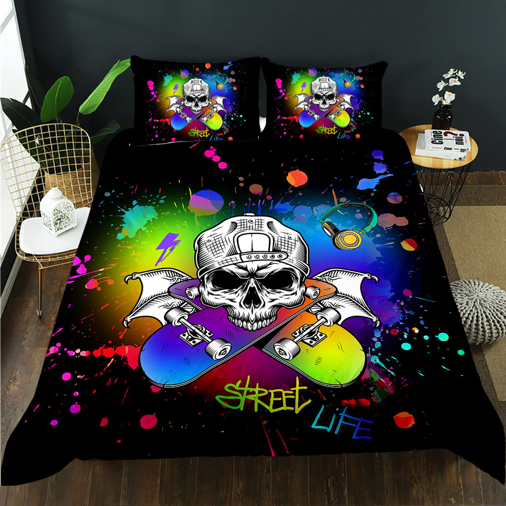 Skater skull with crossed rainbow skateboards and Street Life graffiti on a black quilt cover set
