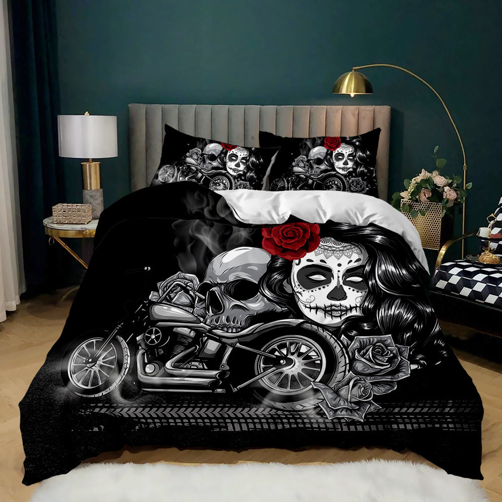 Sugar skull woman and skull on a motorbike quilt cover set in black and grey