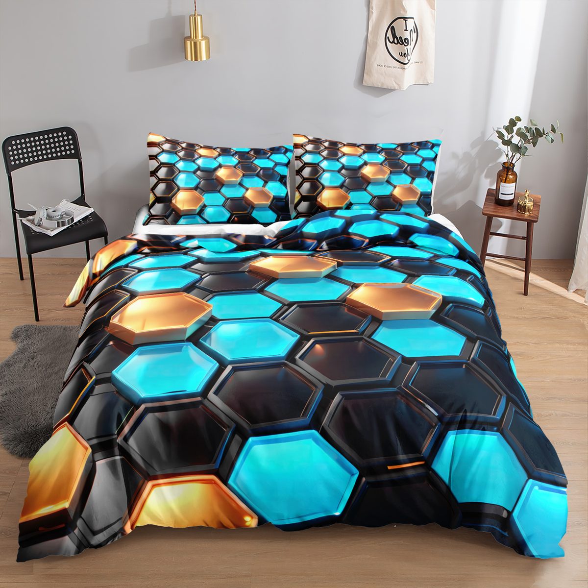 Teal and Orange 3D Hexagon quilt cover set