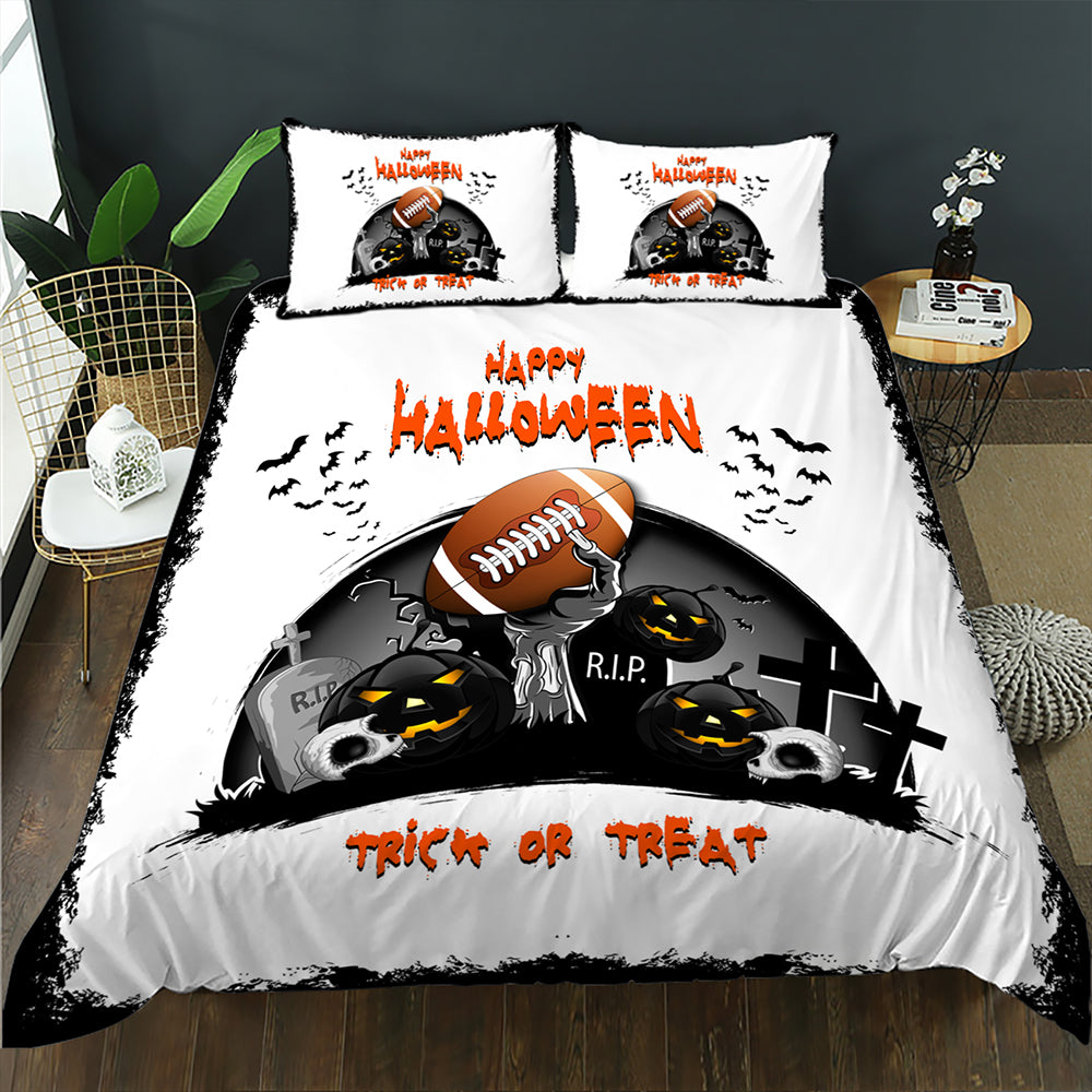 Gridiron football rising from a graveyard with pumpkins on a white Trick or Treat Halloween quilt cover set