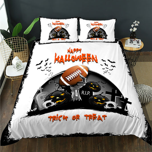 Gridiron football rising from a graveyard with pumpkins on a white Trick or Treat Halloween quilt cover set
