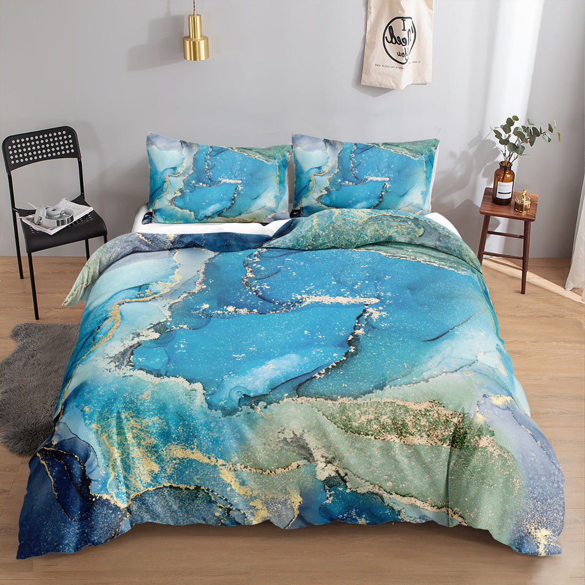 Turquoise and Sage Gold Marble quilt cover set