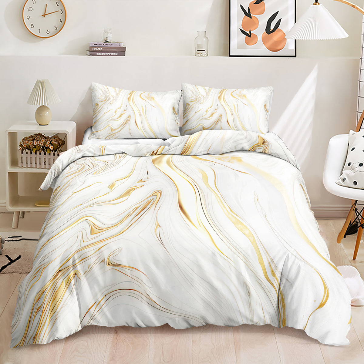 White and Gold Swirl Marble quilt cover set