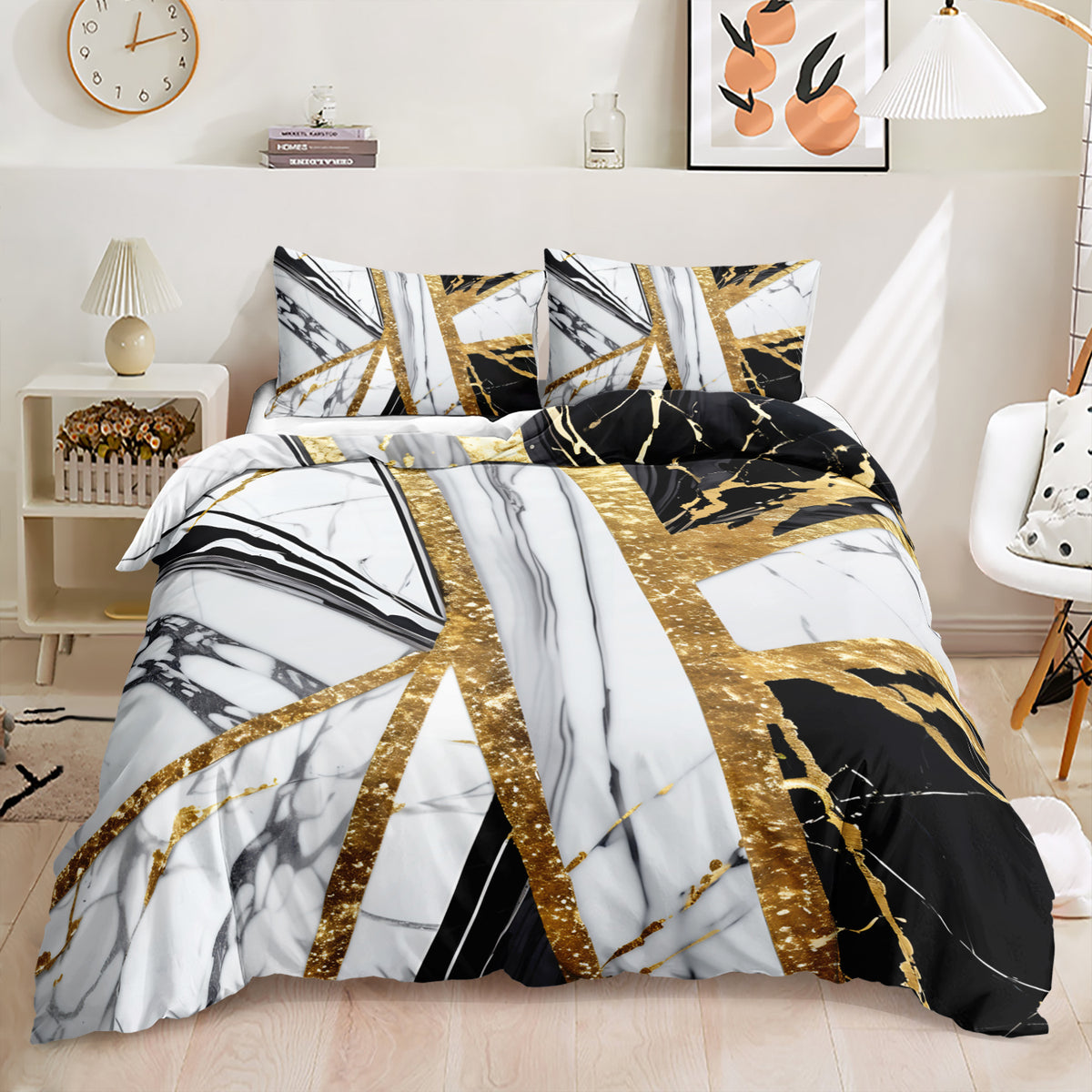 White Black and Gold Geometric Marble quilt cover set