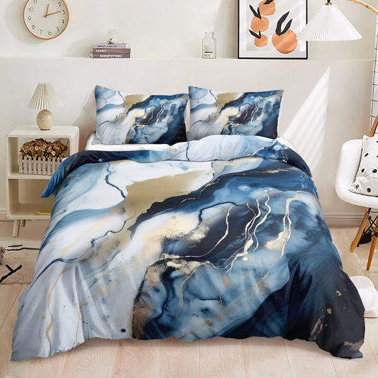 White Navy and Gold Marble quilt cover set